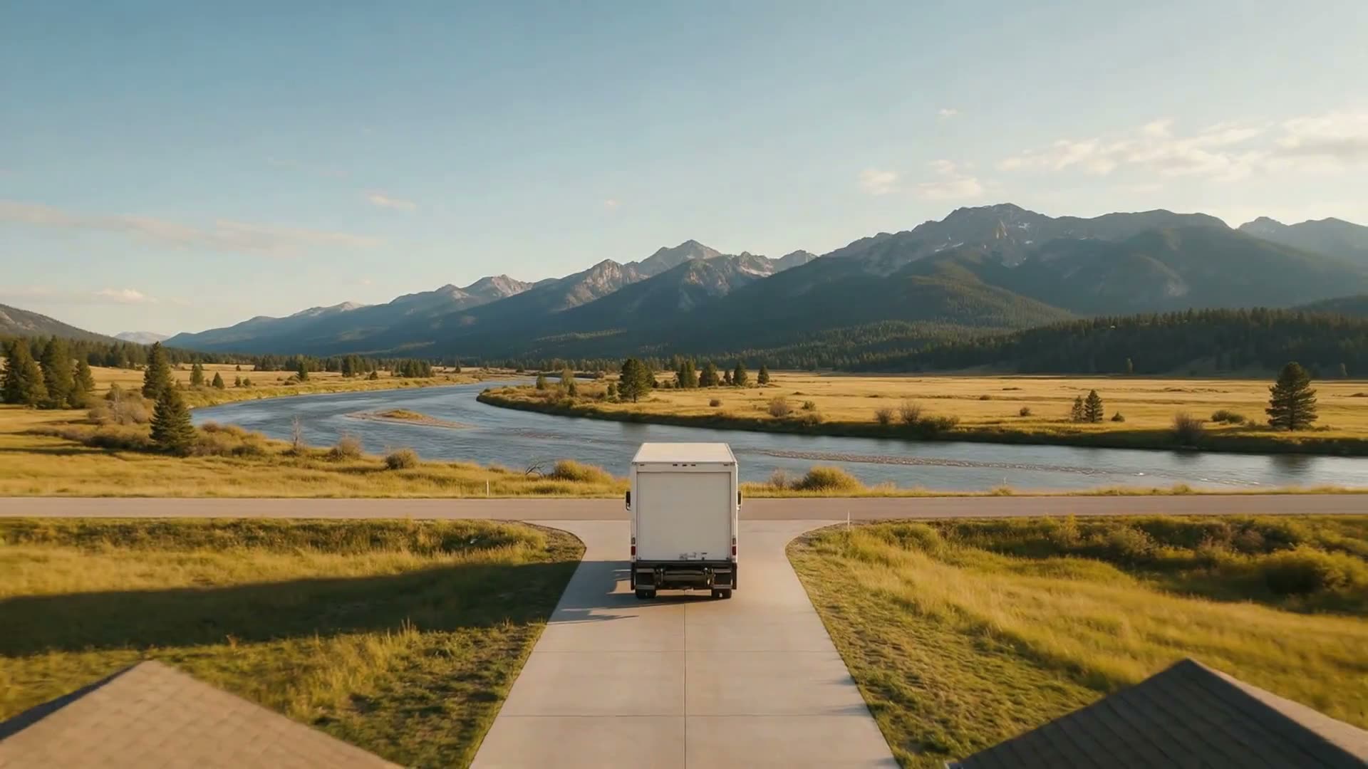 A plain white moving truck on a driveway under Montana mountains and open sky. Illustrative scene, not Kyle's truck.
