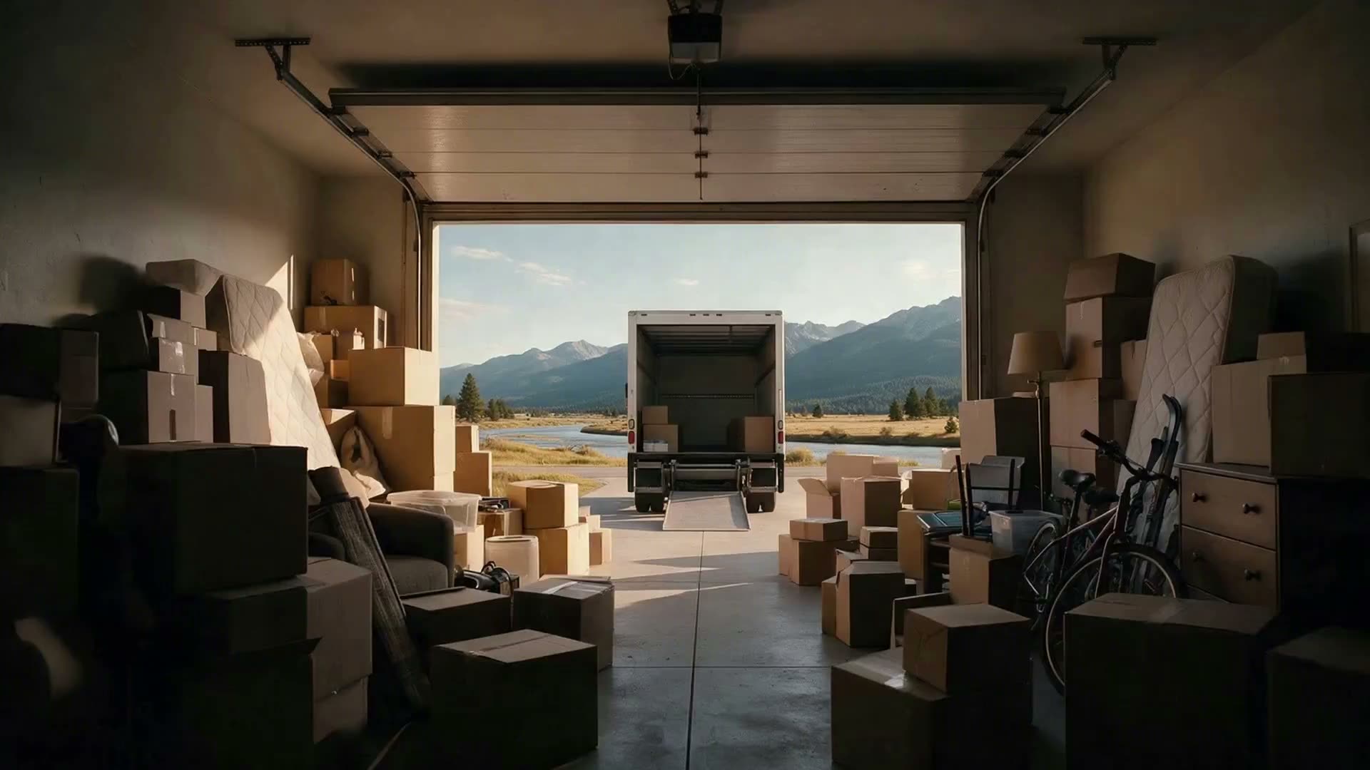 Packed two-car garage with a clear path to an open door. Illustrative scene, not a customer home.