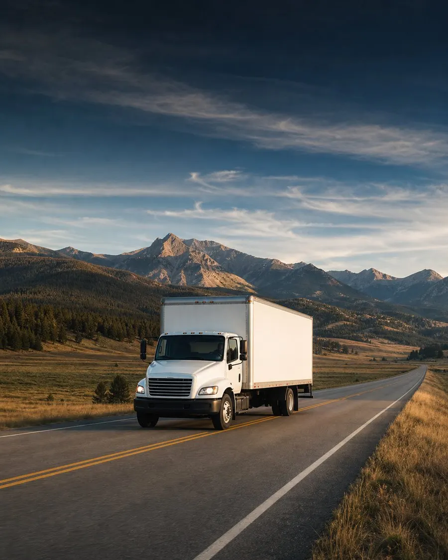 A white box truck on a Montana highway with mountains ahead. Illustrative. Not Kyle's truck.